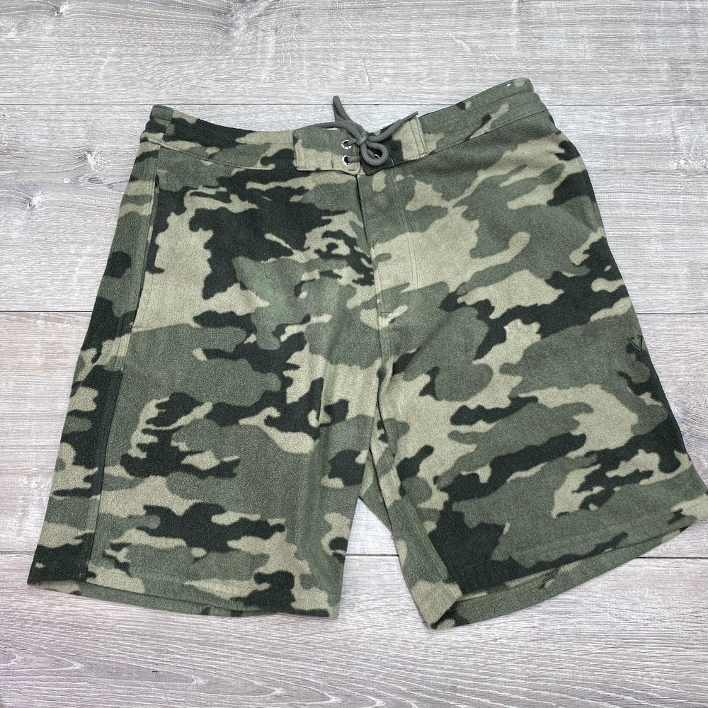 Vissla Shorts‎ Mens Medium Green Camo Fleece Sweat Drawstring Pockets Lounge